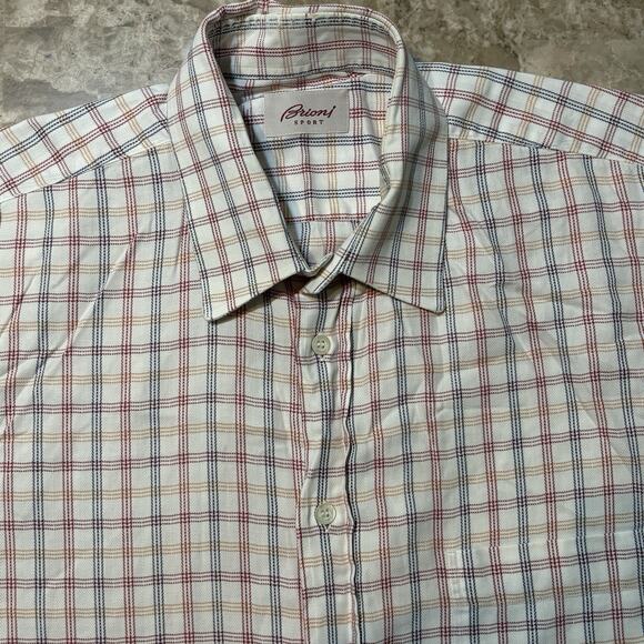 Brioni Shirt Mens XL White Check Plaid Sport Short Sleeve Cotton Made In Italy - Picture 1 of 12